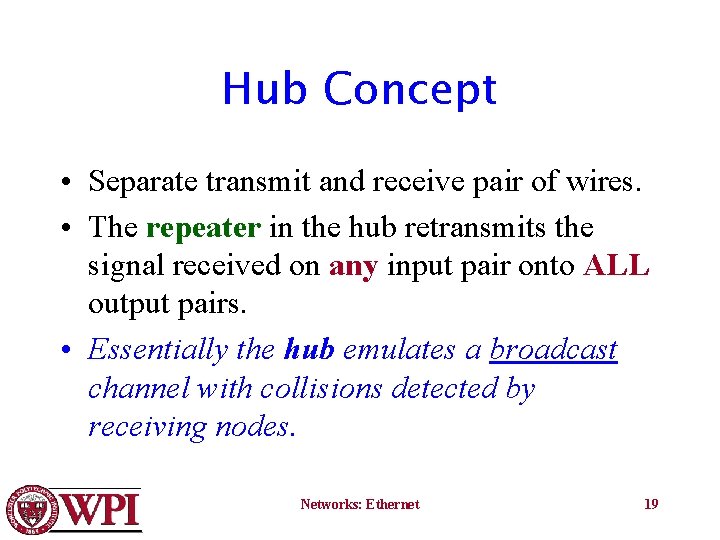 Hub Concept • Separate transmit and receive pair of wires. • The repeater in