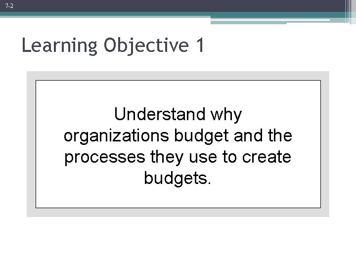 7 -2 Learning Objective 1 Understand why organizations budget and the processes they use