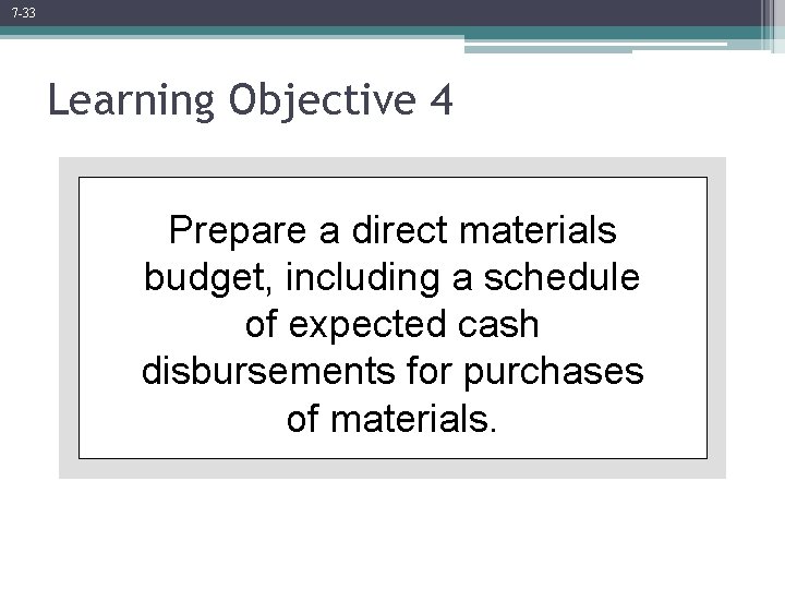 7 -33 Learning Objective 4 Prepare a direct materials budget, including a schedule of