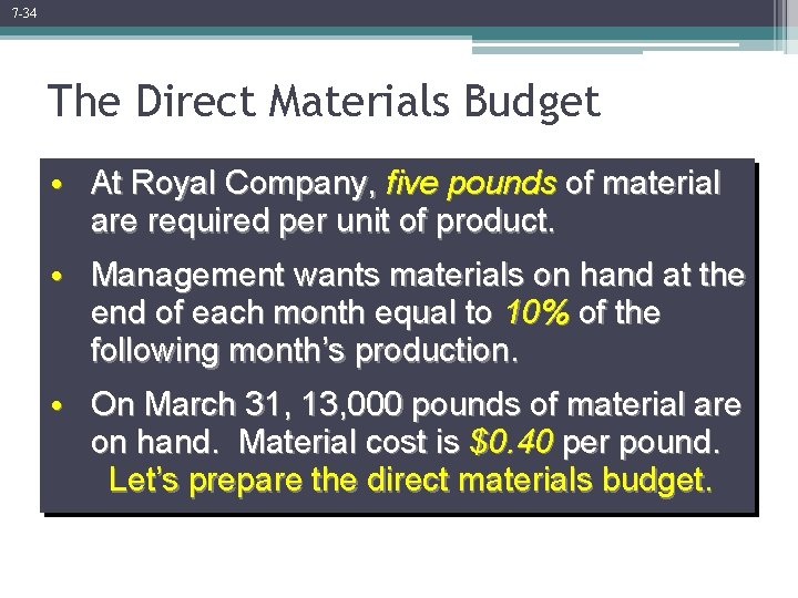 7 -34 The Direct Materials Budget • At Royal Company, five pounds of material