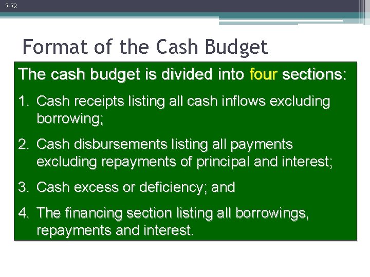 7 -72 Format of the Cash Budget The cash budget is divided into four