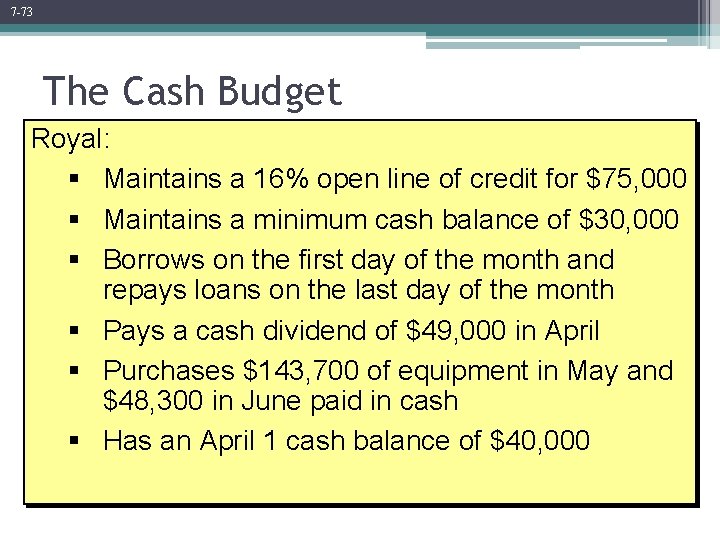 7 -73 The Cash Budget Royal: § Maintains a 16% open line of credit