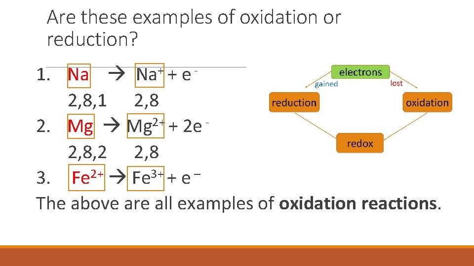 Are these examples of oxidation or reduction? 1. Na Na+ + e 2, 8,