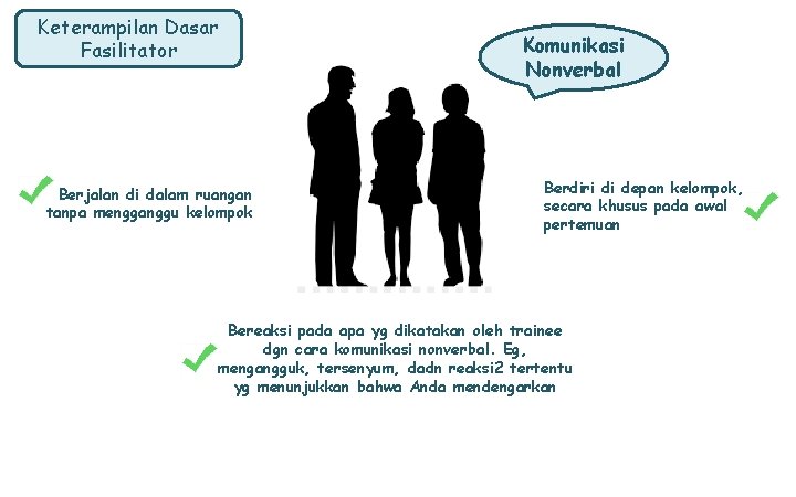 Keterampilan Dasar Fasilitator Berjalan di dalam ruangan tanpa mengganggu kelompok Komunikasi Nonverbal Berdiri di