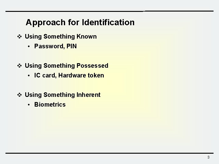 Approach for Identification v Using Something Known • Password, PIN v Using Something Possessed Approach for Identification v Using Something Known • Password, PIN v Using Something Possessed