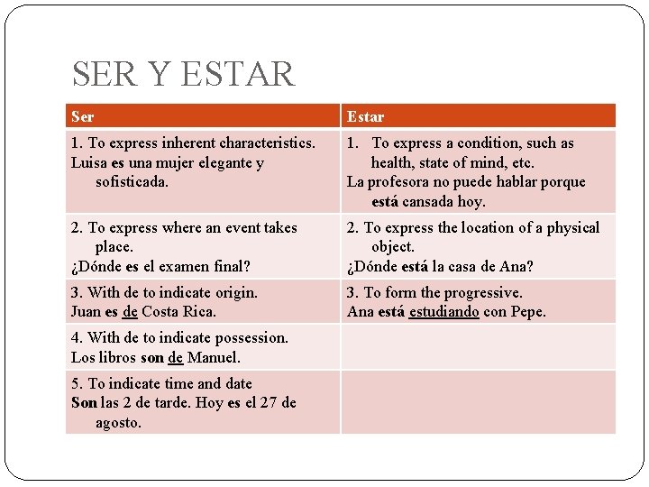 SER Y ESTAR Ser Estar 1. To express inherent characteristics. Luisa es una mujer