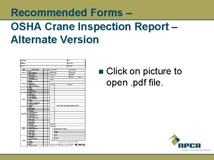 Recommended Forms – OSHA Crane Inspection Report – Alternate Version n Click on picture