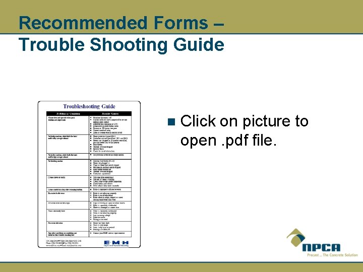 Recommended Forms – Trouble Shooting Guide n Click on picture to open. pdf file.