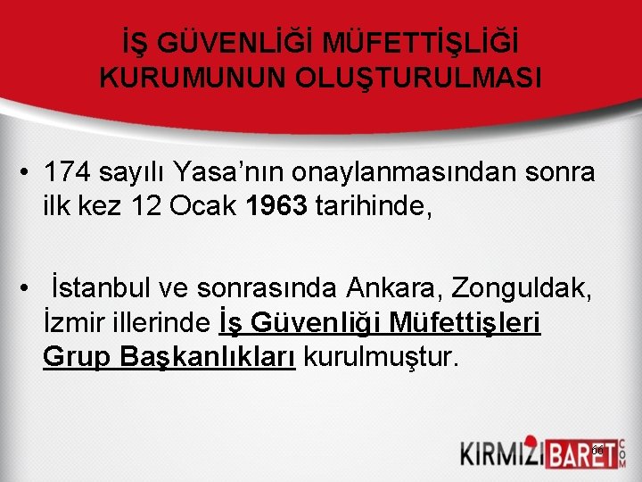 İŞ GÜVENLİĞİ MÜFETTİŞLİĞİ KURUMUNUN OLUŞTURULMASI • 174 sayılı Yasa’nın onaylanmasından sonra ilk kez 12