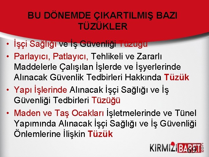 BU DÖNEMDE ÇIKARTILMIŞ BAZI TÜZÜKLER • İşçi Sağlığı ve İş Güvenliği Tüzüğü • Parlayıcı,