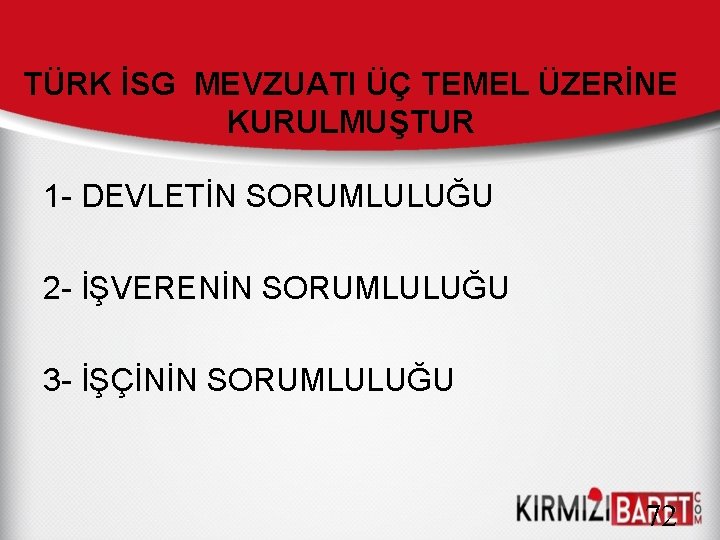 TÜRK İSG MEVZUATI ÜÇ TEMEL ÜZERİNE KURULMUŞTUR 1 - DEVLETİN SORUMLULUĞU 2 - İŞVERENİN