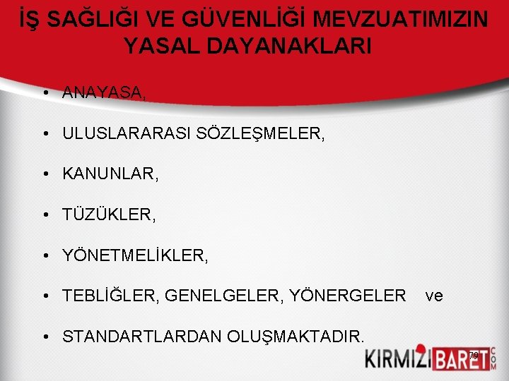 İŞ SAĞLIĞI VE GÜVENLİĞİ MEVZUATIMIZIN YASAL DAYANAKLARI • ANAYASA, • ULUSLARARASI SÖZLEŞMELER, • KANUNLAR,