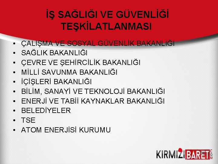 İŞ SAĞLIĞI VE GÜVENLİĞİ TEŞKİLATLANMASI • • • ÇALIŞMA VE SOSYAL GÜVENLİK BAKANLIĞI SAĞLIK