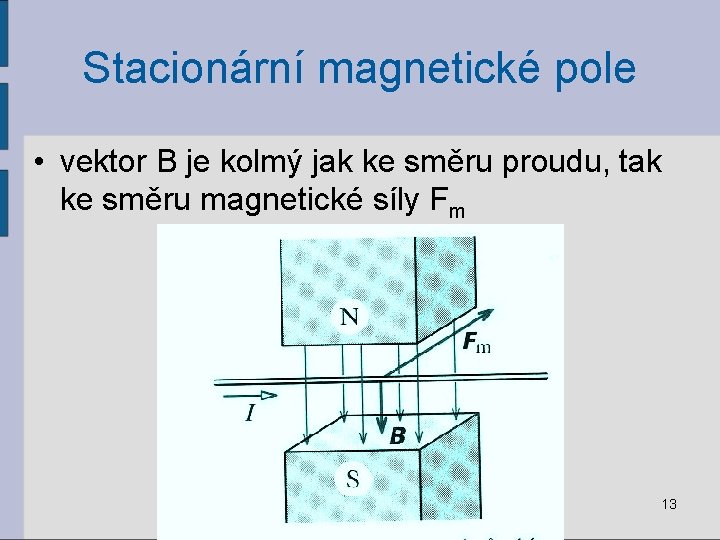 Stacionární magnetické pole • vektor B je kolmý jak ke směru proudu, tak ke