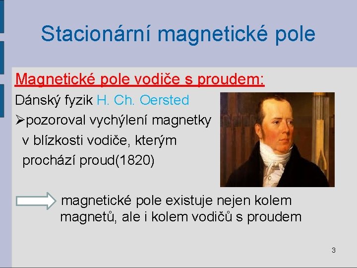 Stacionární magnetické pole Magnetické pole vodiče s proudem: Dánský fyzik H. Ch. Oersted Øpozoroval