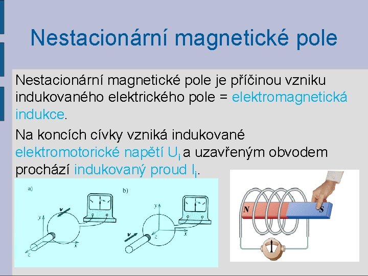 Nestacionární magnetické pole je příčinou vzniku indukovaného elektrického pole = elektromagnetická indukce. Na koncích