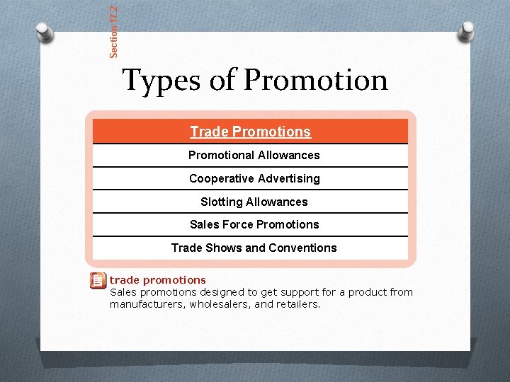 Section 17. 2 Types of Promotion Trade Promotions Promotional Allowances Cooperative Advertising Slotting Allowances