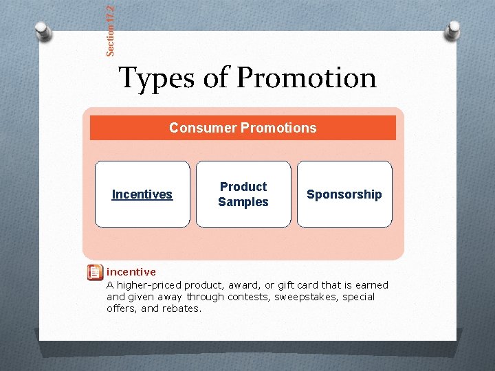 Section 17. 2 Types of Promotion Consumer Promotions Incentives Product Samples Sponsorship incentive A