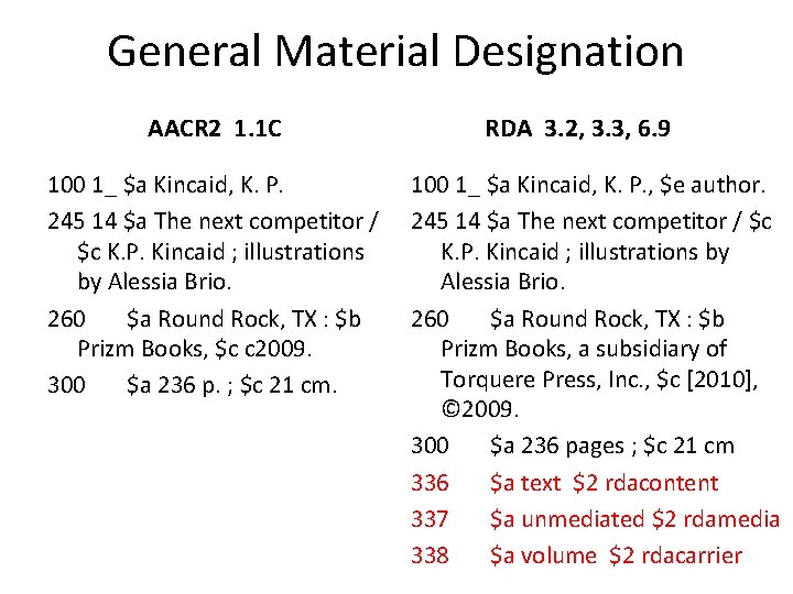 General Material Designation AACR 2 1. 1 C 100 1_ $a Kincaid, K. P.