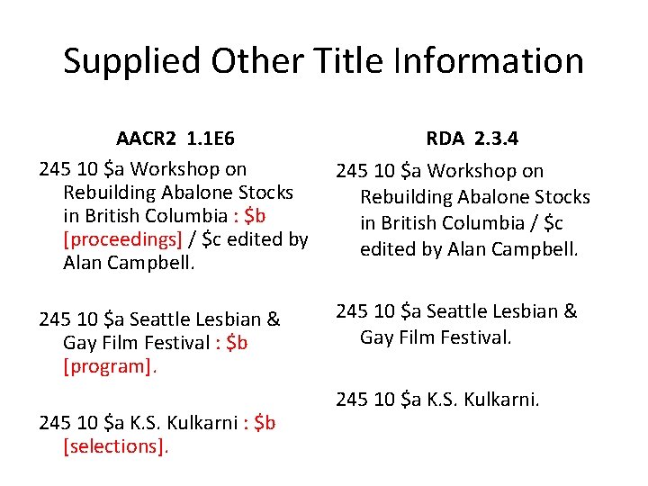 Supplied Other Title Information AACR 2 1. 1 E 6 245 10 $a Workshop