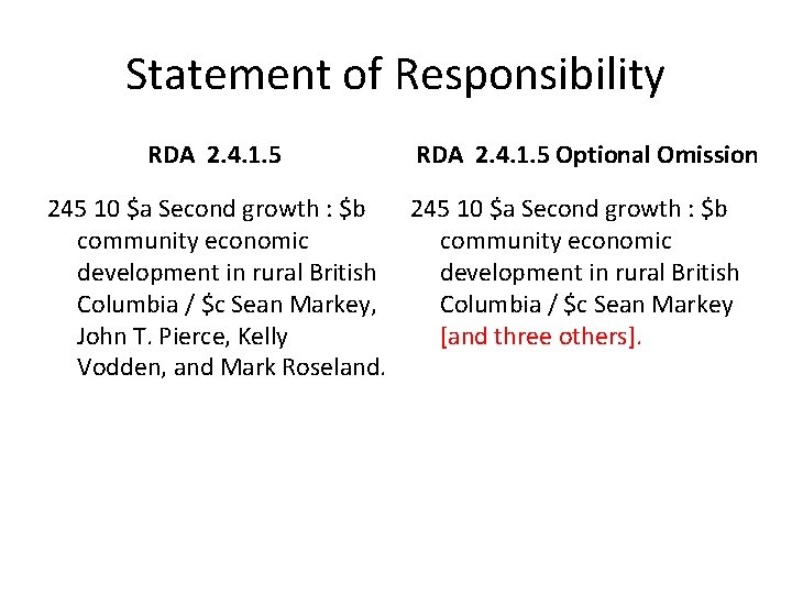 Statement of Responsibility RDA 2. 4. 1. 5 Optional Omission 245 10 $a Second