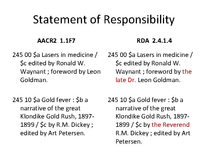 Statement of Responsibility AACR 2 1. 1 F 7 RDA 2. 4. 1. 4