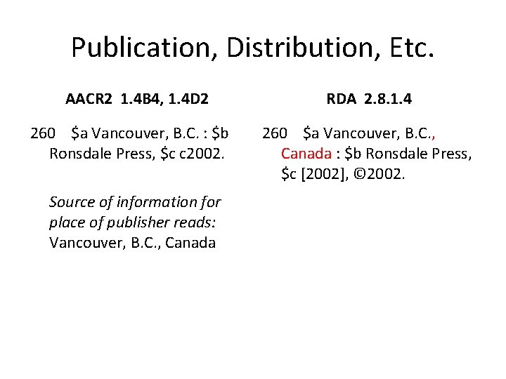 Publication, Distribution, Etc. AACR 2 1. 4 B 4, 1. 4 D 2 260