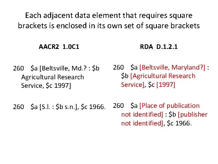 Each adjacent data element that requires square brackets is enclosed in its own set