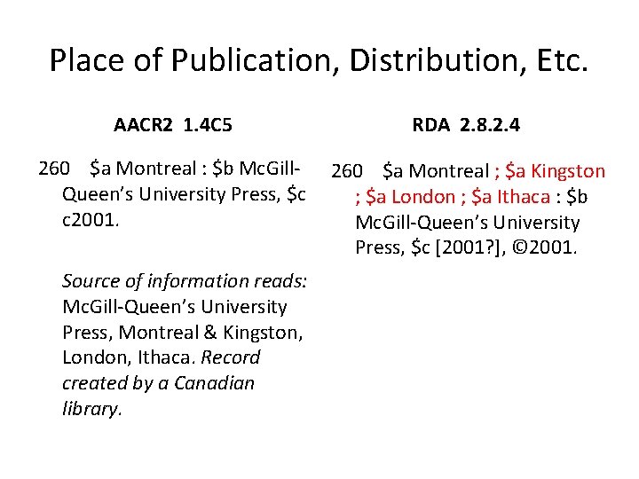 Place of Publication, Distribution, Etc. AACR 2 1. 4 C 5 RDA 2. 8.