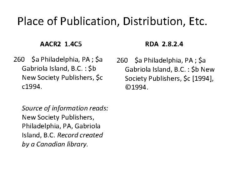 Place of Publication, Distribution, Etc. AACR 2 1. 4 C 5 260 $a Philadelphia,