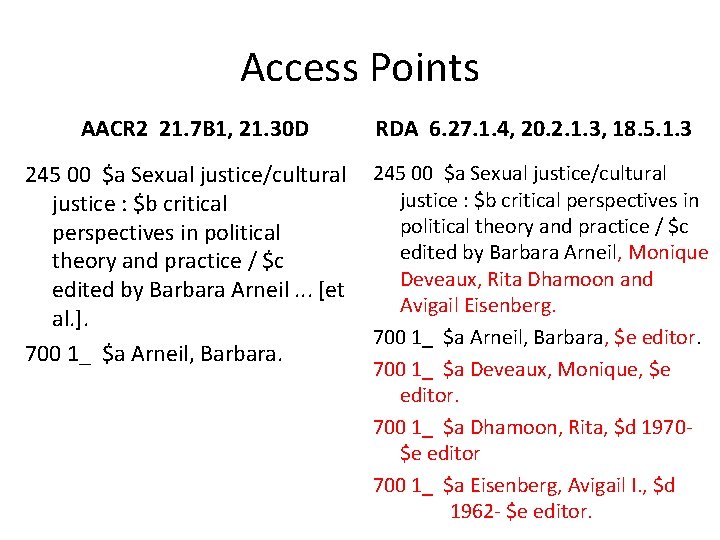 Access Points AACR 2 21. 7 B 1, 21. 30 D 245 00 $a