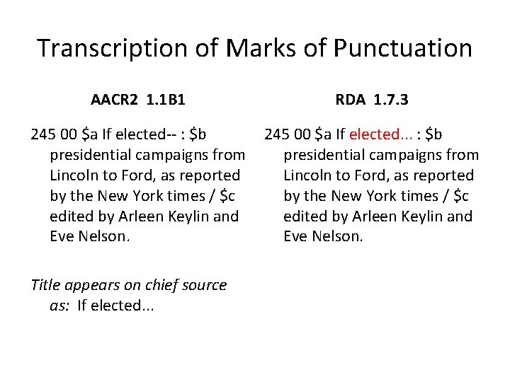 Transcription of Marks of Punctuation AACR 2 1. 1 B 1 RDA 1. 7.