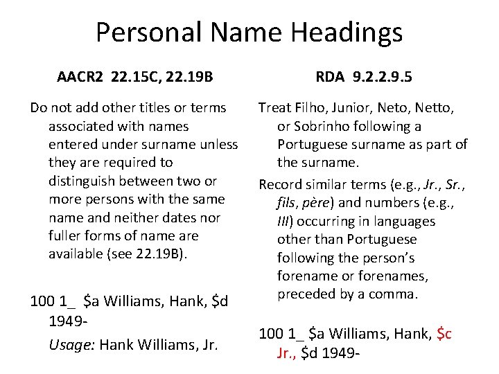 Personal Name Headings AACR 2 22. 15 C, 22. 19 B RDA 9. 2.