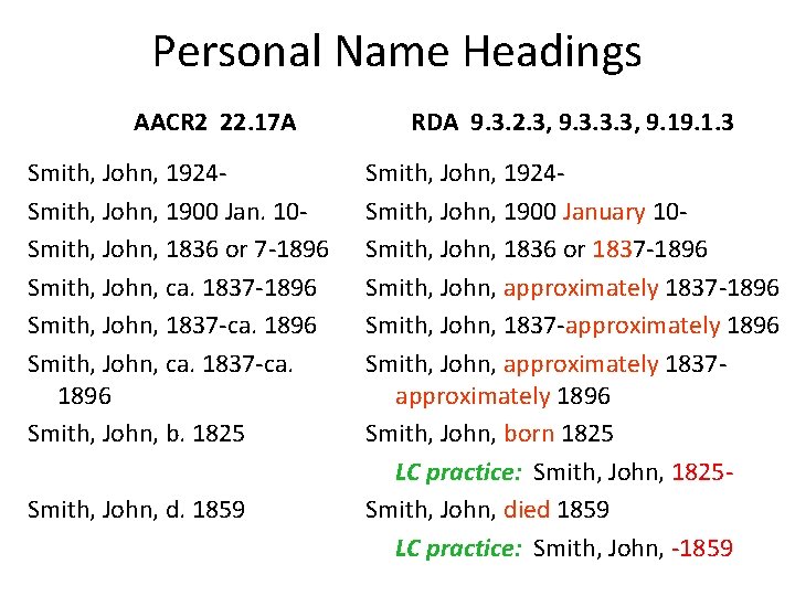 Personal Name Headings AACR 2 22. 17 A Smith, John, 1924 Smith, John, 1900