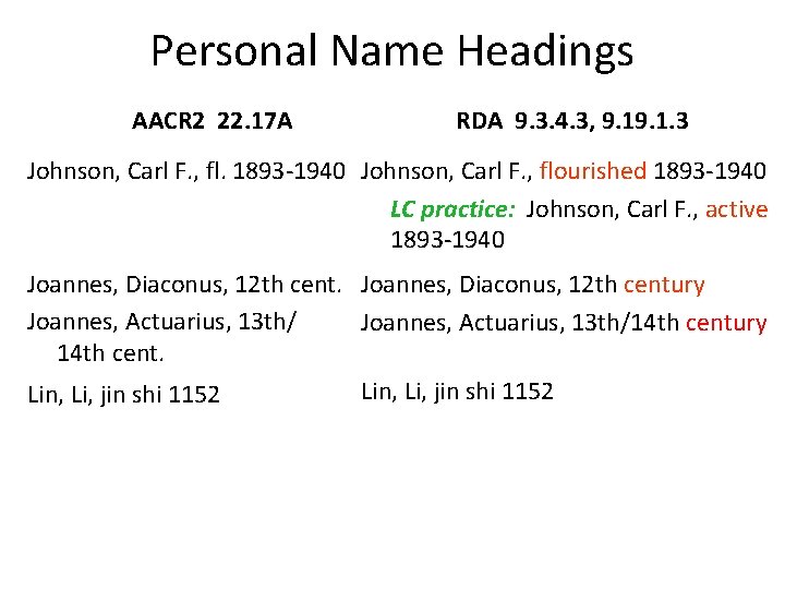 Personal Name Headings AACR 2 22. 17 A RDA 9. 3. 4. 3, 9.
