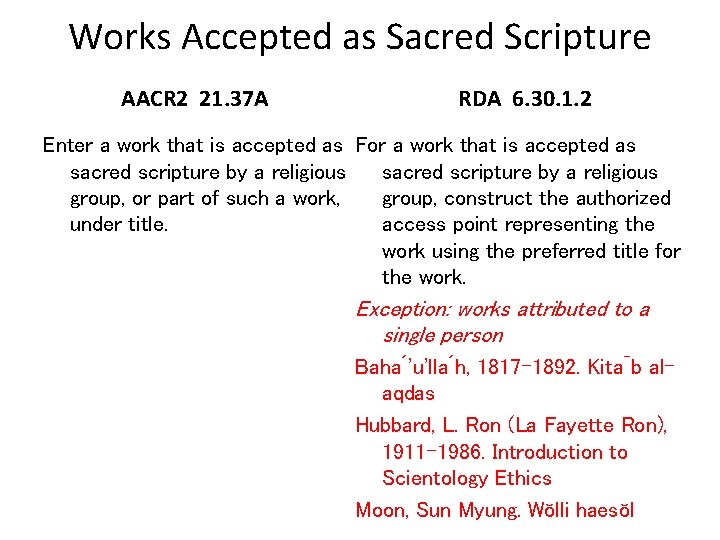 Works Accepted as Sacred Scripture AACR 2 21. 37 A RDA 6. 30. 1.