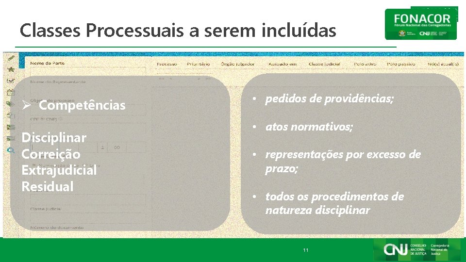 Classes Processuais a serem incluídas Ø Competências Disciplinar Correição Extrajudicial Residual • pedidos de