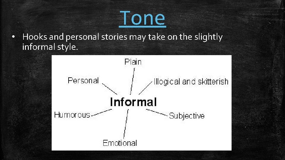 Tone • Hooks and personal stories may take on the slightly informal style. 