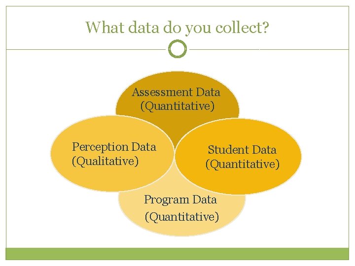 What data do you collect? Assessment Data (Quantitative) Perception Data (Qualitative) Student Data (Quantitative)