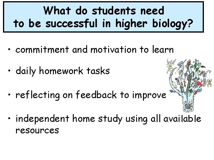 What do students need to be successful in higher biology? • commitment and motivation