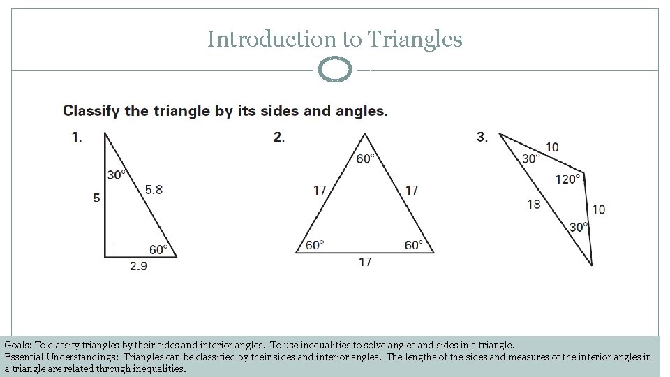 Introduction to Triangles Goals: To classify triangles by their sides and interior angles. To