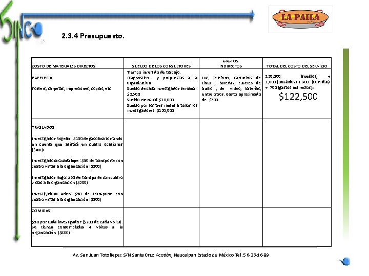 2. 3. 4 Presupuesto. COSTO DE MATERIALES DIRECTOS PAPELERÍA Folders, carpetas, impresiones, copias, etc
