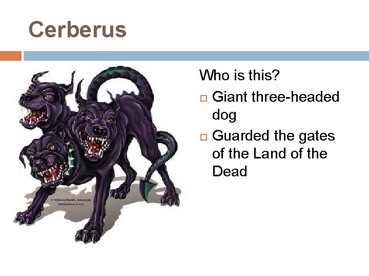 Cerberus Who is this? Giant three-headed dog Guarded the gates of the Land of