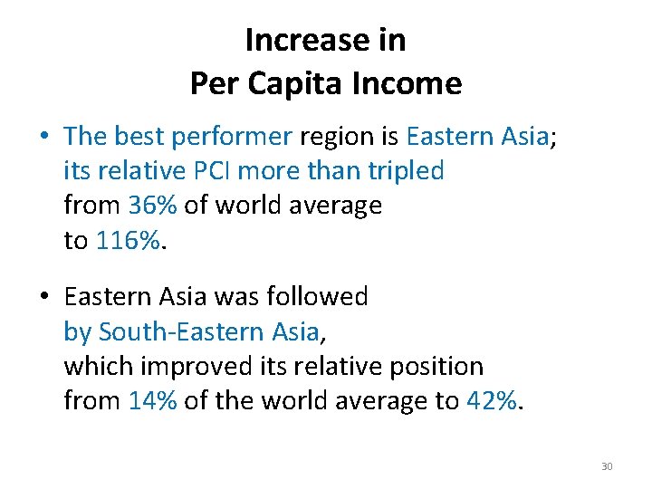 Increase in Per Capita Income • The best performer region is Eastern Asia; its