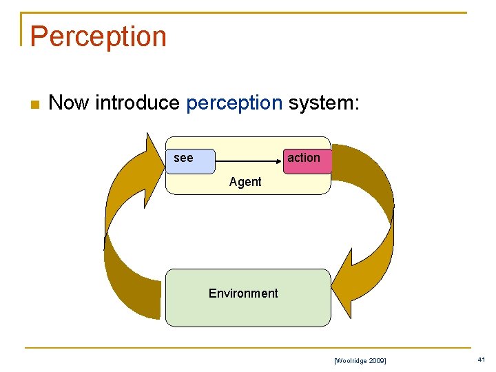Perception n Now introduce perception system: see action Agent Environment [Woolridge 2009] 41 
