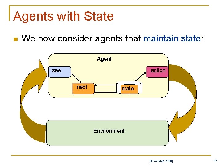 Agents with State n We now consider agents that maintain state: Agent see action
