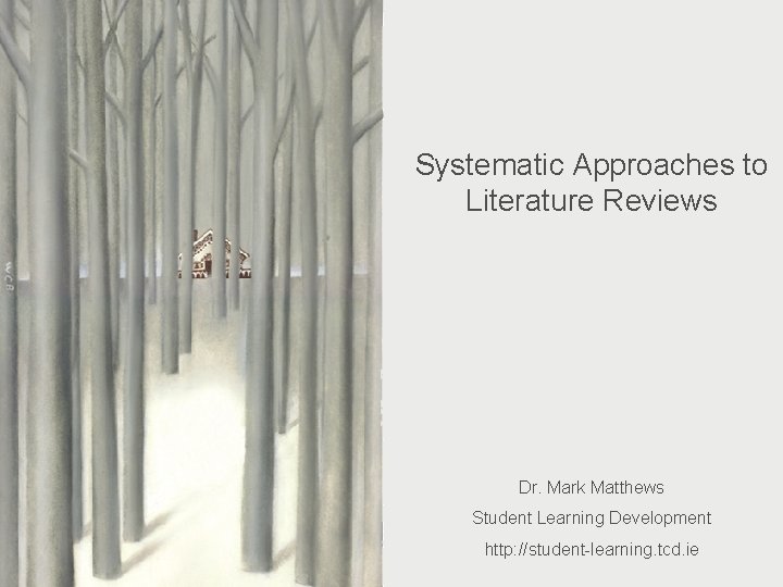Systematic Approaches to Literature Reviews Systematic Approaches to Literature Reviewing Dr. Mark Matthews Student