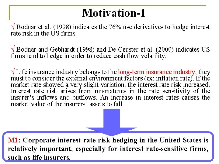 Motivation-1 √ Bodnar et al. (1998) indicates the 76% use derivatives to hedge interest