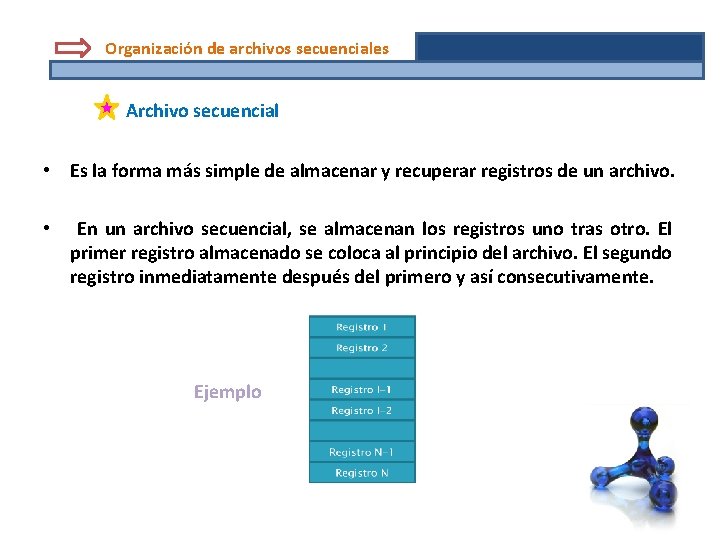 Organización de archivos secuenciales Archivo secuencial • Es la forma más simple de almacenar