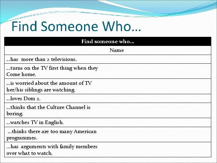 Find Someone Who… Find someone who… Name …has more than 2 televisions. …turns on